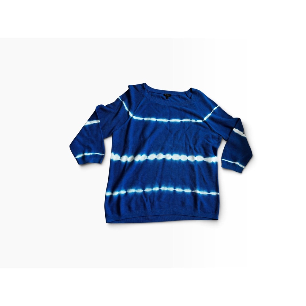 Talbots Sweater Large Blue White Tie Dye Stripe Cotton 3/4 Sleeve Crew Neck